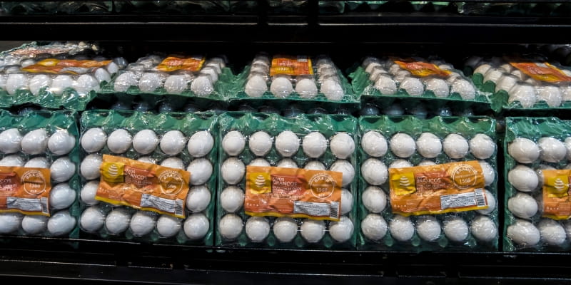 Guerra no Irã impacta preço dos alimentos e ovos são afetados. A imagem é uma foto de cartelas de ovos em uma gôdula de mercado.