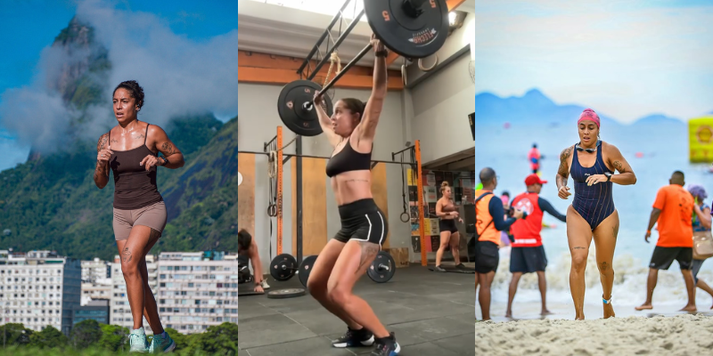 Amanda Farah em três fotos, sendo ela correndo, levantando peso no crossfit e saindo da praia após uma competição de natação.