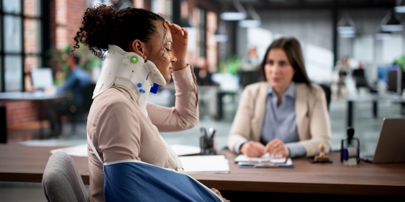 Uma jovem mulher acidentada, com tala no pescoço e no braço, se apresetando no trabalho, representando a importância do seguro de vida para jovens em momentos de acidentes imprevisto.