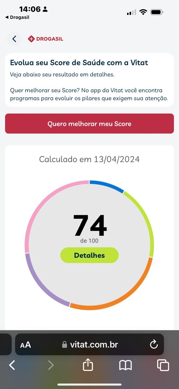 Tela do site da Vitat com score de saúde. Imagem para ilustrar a matéria de remédios, saúde, mais beneficios MAG e Drogasil.